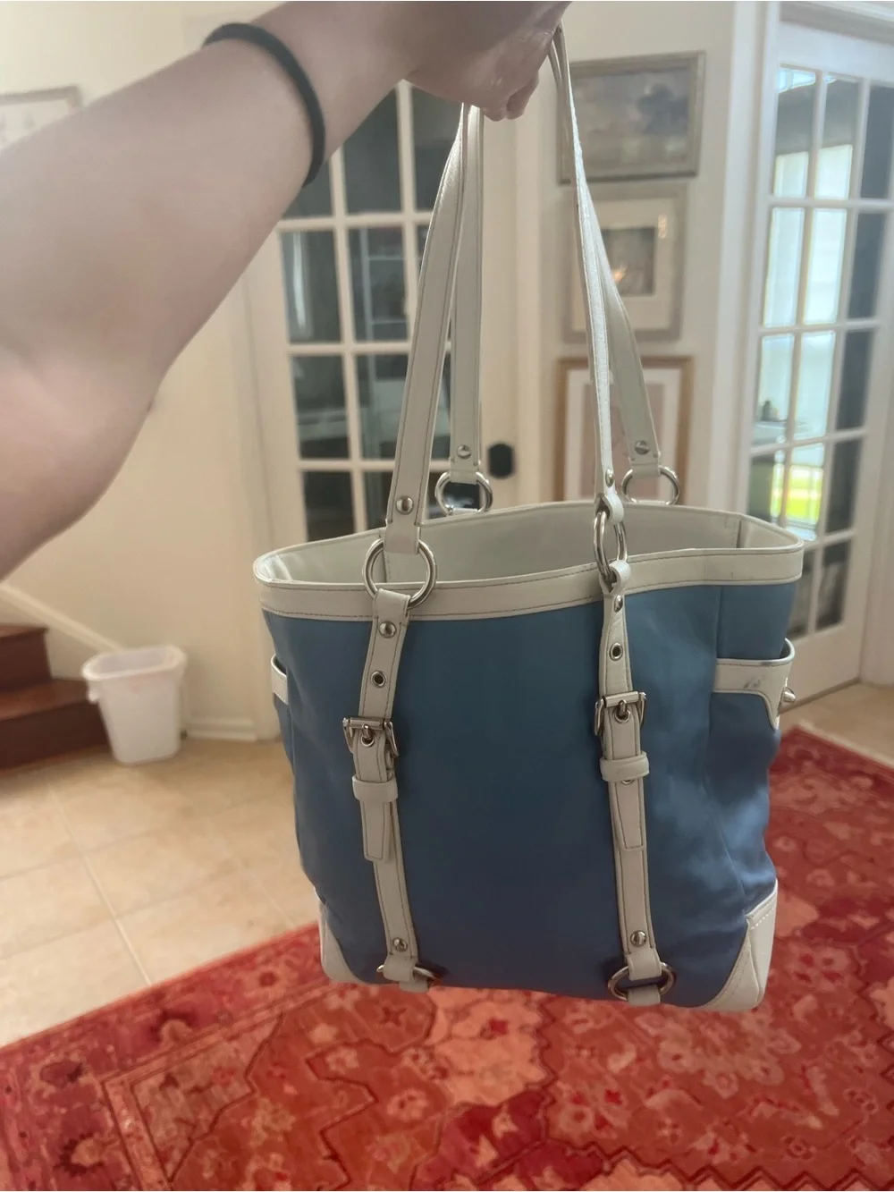 Blue and Cream Convertible Tote Bag